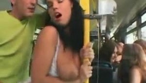 Plowed hard in the bus between huge tits amateur
